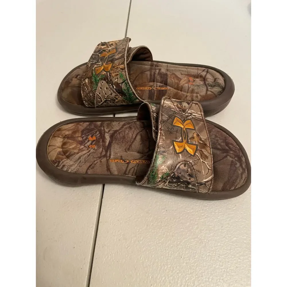 Under Armour kids youth 4D foam Real Tree camo‎ slip on slides 12 flip flops kid